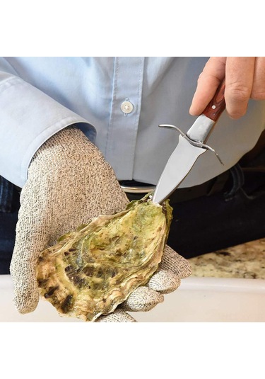 Shineyee Evde Kullanıma Uygun Ahşap Saplı Paslanmaz Çelik İstiridye Bıçağı - 60 Uç Açı, Kesici Eldivenli Kırmızı Sap + Xl Diğer