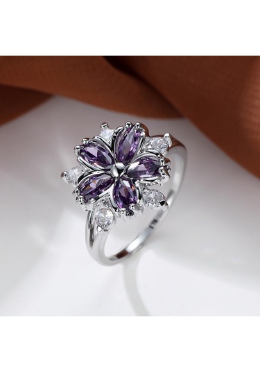 Altın - Pembe Zarif Moda Prenses Alyans Gelin Takı İçin Romantik Çiçeği Pembe Taş Bayan Yüzükler 10 Altın - Pembe