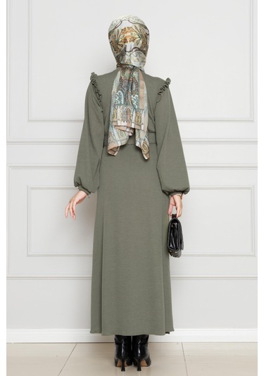 Omuzu Fırfır Kemerli Elbise-haki-4563 Haki