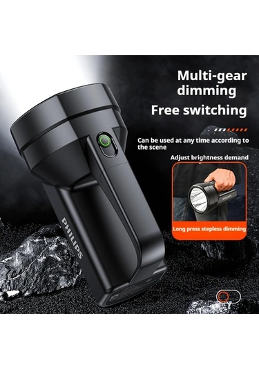 Xuweiwei Philips El Feneri Şarj Edilebilir Ultra Uzun Ömürlü Siyah Büyük Kapasiteli Taşınabilir Arama Lambası Açık Hava Acil Aydınlatma Siyah-