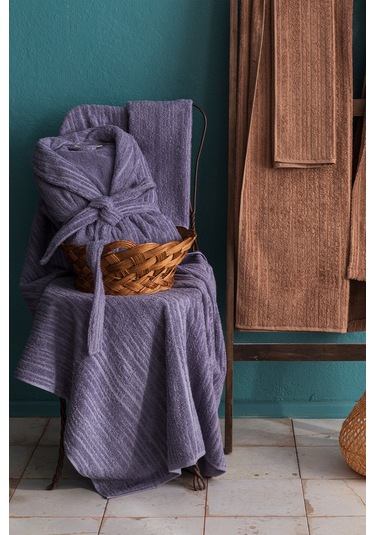 Apricitas Home Timeless Bej-lavander %100 Pamuk 6 Parça Aile Bornoz Seti Bej