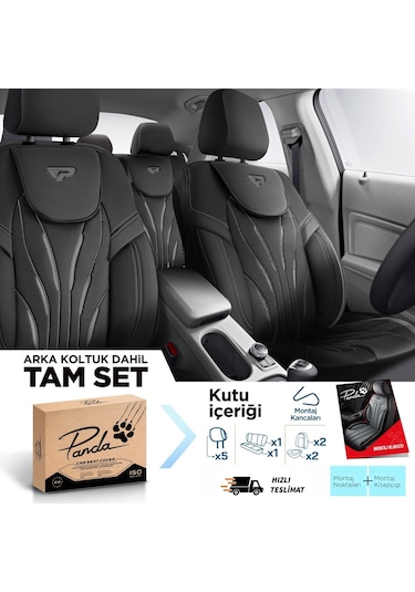 Panda Pars Serisi Deri Oto Koltuk Kılıfı - Siyah - Gri