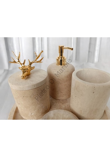 Sarı Traverten Klasik Model 5 Parça Gold Renk Geyik Aksesuarlı Banyo Seti Sarı Traverten