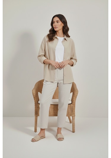 Yxc Trend Maker Oversize Uzun Basic Bayan Keten Gömlek Taş