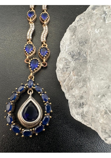 Otantik Safir ve Zirkon Taşlı Gümüş Kolye 925 Ayar 22,55 Gram