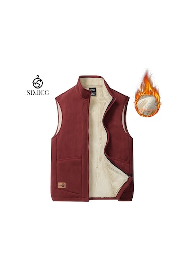 Kuzu Yünü Yelek Sıcak Dik Yaka Artı Polar Yelek Ceket Gri Kırmızı