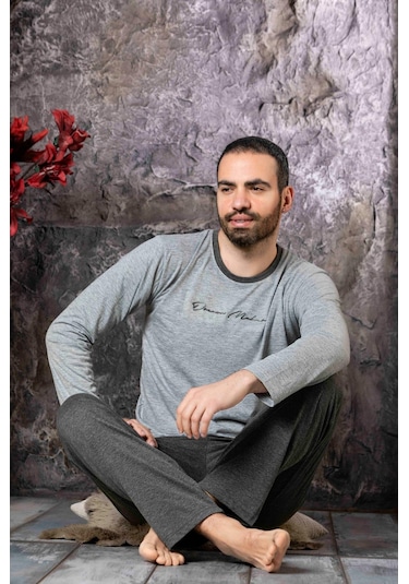 Erkek Penye Pamuk Regular Kalıp Sıfır Yaka Pijama Takımı A803123-gri-füme Gri