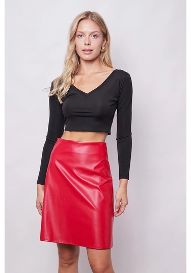 Kadın Hafif Likralı Deri Yüksek Bel Diz Boy Çan Etek-kırmızı Kırmızı