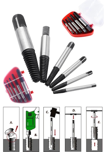 6 Parça Ters Kılavuz Pro Seti Çelik Kırık Civata Sökücü Vida Kald