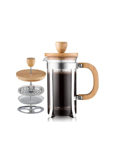 Ahşap Detaylı 600 Ml Cam French Press Çok Renkli