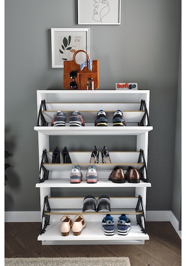 Bofigo Düşer Kapak Ayakkabılık Kayar Raflı Ayakkabılık 3 Bölmeli Ayakkabılık Melek Beyaz
