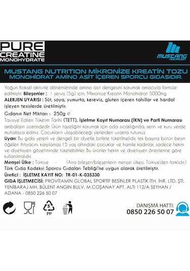 Mustang Nutrition Core+ Pure Creatine Monohydrate Powder Kreatin 250 Gr 50 Servis + Shaker + Protein Kahve Hediyeli Aromasız