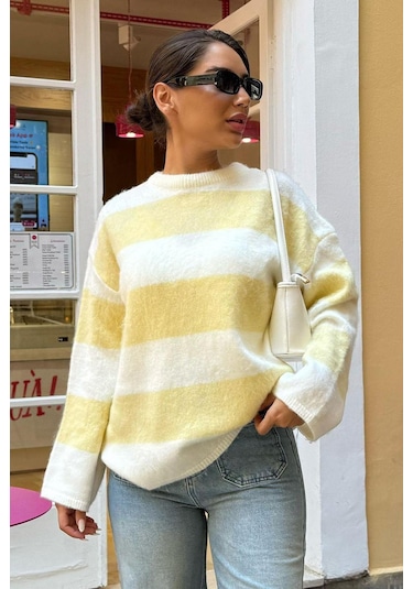 Madmext Sarı Bisiklet Yaka Çizgili Triko Kadın Kazak Mg2472 Sarı