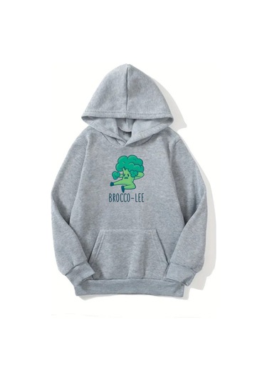 Unisex Gri Kapüşonlu Sweatshirt Brocco Lee Baskılı, Şardonlu Kalın Kumaş Gri