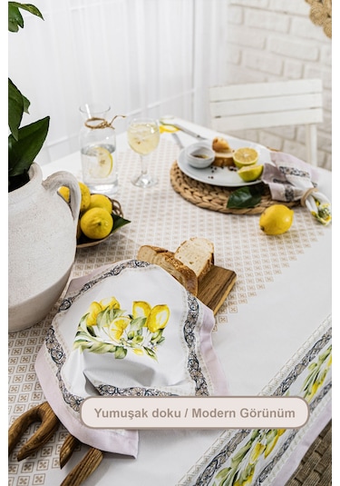 Elart Limonlu Yemek Seti 12 Kişilik Masa Örtüsü Takımı 150x210 Cm Çok Renkli
