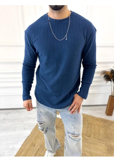 Uzun Kollu Tişört Fitilli Bisiklet Yaka Yumuşak Dokulu Tüylenmez Pamuklu Kazak Sweatshirt Lacivert