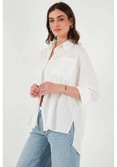 Lela Regular Fit Tek Cepli Önü Kısa Arkası Uzun Krinkıl Bayan Gömlek 6772752 Beyaz