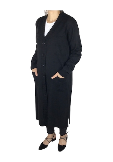 Kadın Büyük Beden Düğmeli Mevsimlik Hırka Siyah