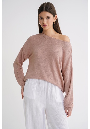6933 Kadın Kayık Yaka İnce Mevsimlik Triko Kazak Pudra Pudra