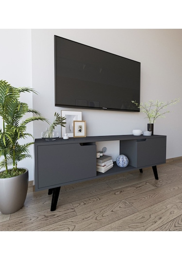 Siena Ahşap Ayaklı Tv Ünitesi Antrasit Televizyon Konsolu 140 Cm Ekonomik Modül Sehpa
