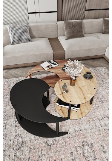Yin Yang Unıty Serenıty Orta Sehpa 3 Lü Safir Meşe Madran Ceviz Siyah 90 Cm Çap Siyah