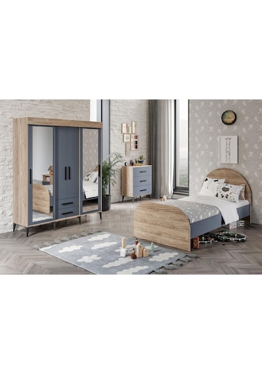 İzmir Cocuk Odası Takımı Tamamı Mdf Aynalı 3 Parça Antrasit - Flora