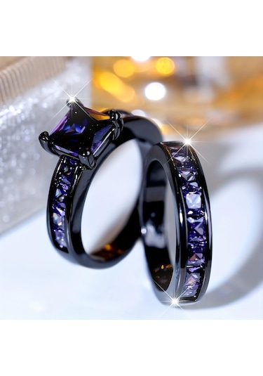 Siyah&mor 2 Adet Zarif İstifleme Yüzükler Kare Mor Pembe Beyaz Zirkon Taş Yüzükler Kadınlar İçin Set Düğün Parti Parmak Takı 12 Çok Renkli