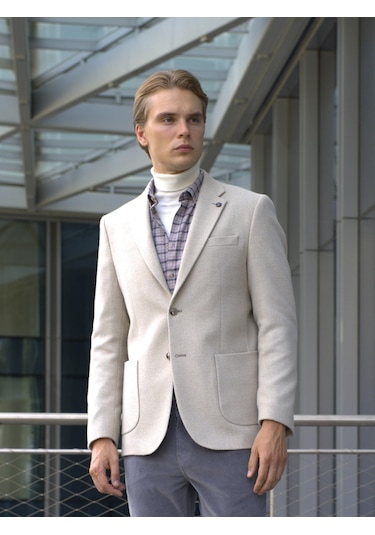 Erkek Yün Ceket Kırçıllı Mono Yaka Torba Cepli Çift Yırtmaç Slim Fit Ceket Ncs Jeans 4005-Taş