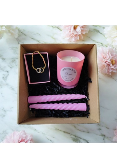 Denic Hediye Seti Kokulu Pembe Bardak Mum Halka Kolye Burgulu Mum