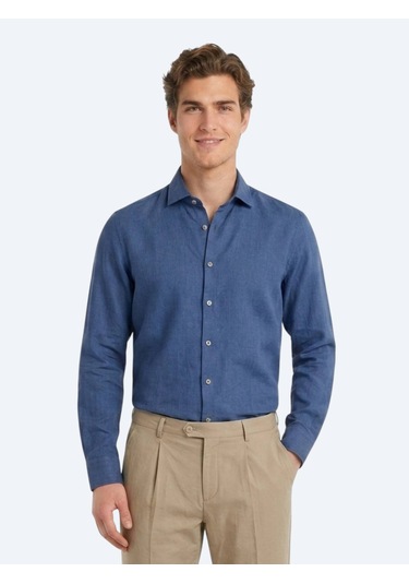 Kip İndigo Düz Regular Fit Uzun Dokuma Casual Pamuk Karışımlı Gömlek