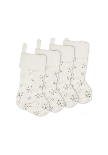 Reedark Büyük Noel Çorabı 4'lü Set - Krem Beyaz Yapay Kürk Ve Pullu Kar Tanesi Desenli Diğer