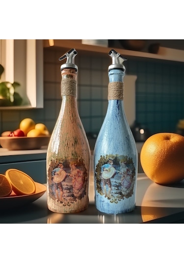 Desenli Sunum Stantlı 2'li 750 Ml Zeytinyağı Şişesi Yağdanlık
