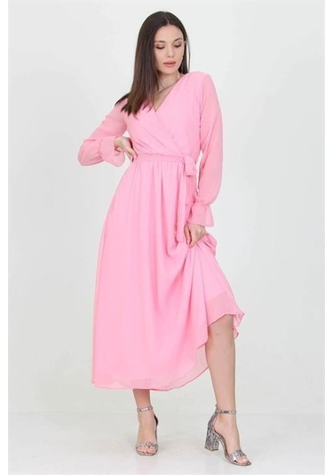 Kadın Kuşaklı Uzun Şifon Elbise Dpkts003 Pudra