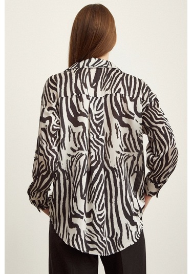 Never More Zebra Desen V Yaka Saten Gömlek Siyah