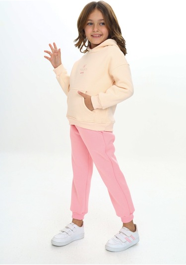 Toontoy Kız Çocuk Kapüşonlu Kanguru Cepli Nakışlı Eşofman Takım Pembe