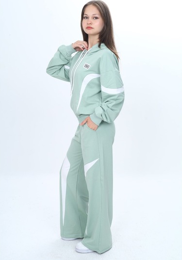 Kız Çocuk %100 Pamuk Garnili Kapüşonlu Fermuarlı Oversize Alt&üst Trend Eşofman Takımı-315-eşt-0003 Su Yeşili