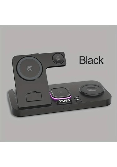 Topshop1 30w Alarm Saati Siyah Kablosuz Sarj Cihazi 6si 1 Arada Rgb Hizli Sarj Istasyonu İphone Uyumlu İwatch