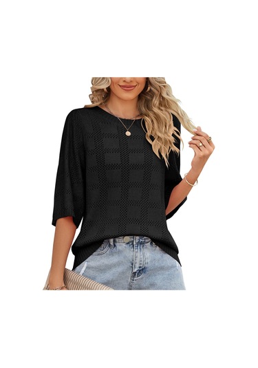 Hnxc Kadın Modası Rahat Yazlık Düz Renk Baskılı 3/4 Kollu O Yaka Bluzlar Ve Gömlekler Siyah