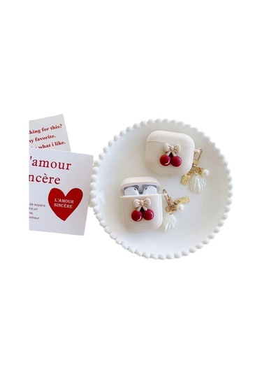 Apple Airpods 3. Nesil İle Uyumlu Kılıf Kalp Leopar Taş Kiraz Desenli Fiyok Tutmalı Kılıflar Mürdüm