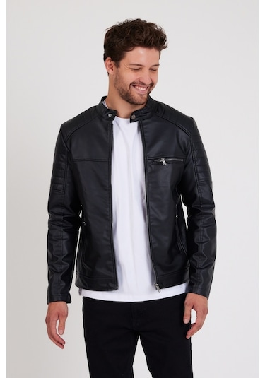 Mero Life Dar Kesim Erkek Deri Ceket Mont - Siyah
