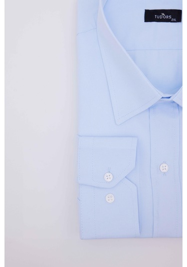 Tudors Büyük Beden Uzun Kollu Kolay Ütü Kravatlık Armürlü Pamuklu Mavi Erkek Gömlek-31283-mavi Mavi