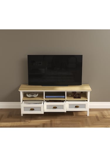 Valena Tv Ünitesi - Konsol 3 Çekmeceli 3 Bölmeli Mdf Profil Kapaklı Ve Ayaklı 150 Cm Minifixli Kahverengi