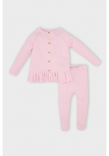 DeFacto Kız Bebek 2'li Takım Uzun Kollu Düğmeli Kazak Beli Lastikli Triko Alt C9762A524WNPN105 Pembe DeFacto Kız Bebek 2'li Takım Uzun Kollu Düğmeli Kazak Beli Lastikli Triko Alt C9762A524WNPN105 Pembe