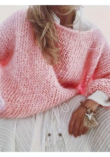 Tongxida Plus Size Yaka Kazak - Pembe - Kadın Büyük Beden - Sonbahar/ıllkbahar Pembe