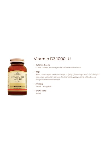 Solgar Vitamin D3 1000 Iu 100 Kapsül