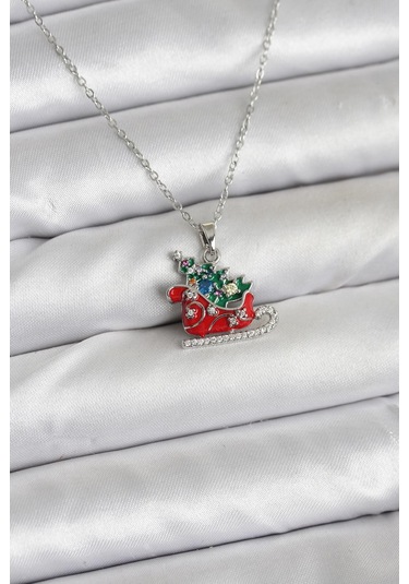 Zarif Boyunlar İçin Silver Çelik Zincir Kızak Çam Ağacı Yılbaşı Tema Kadın Kolye Metalik