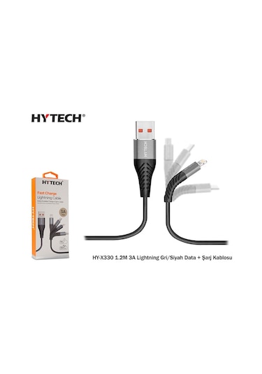 Hytech Hy-X330 1.2M 3A Lightning Gri/Siyah Data+ Şarj Kablosu