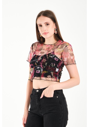 By Papi Baskılı Tül Crop Pembe