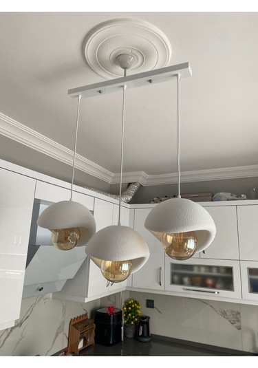 Caka Tepsili 3 Lü Sarkıt Avize Rustik E27 Modern Avize Beton Görünüm Bohem Rustik Ampul Hediyeli Beyaz