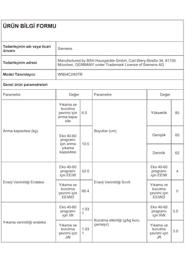 Siemens WN54C2A0TR 1400 Devir 10.5 + 6 KG Kurutmalı Çamaşır Makinesi